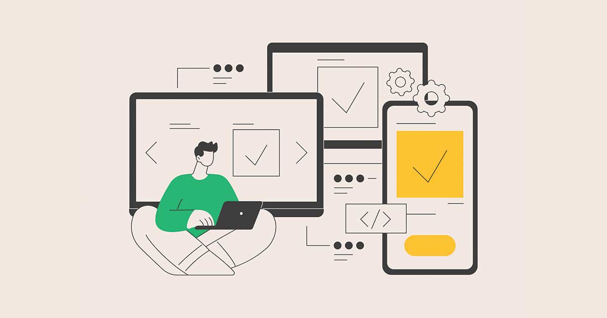 Cross-platform graphic showing integration of Apple and Windows devices in a business IT environment