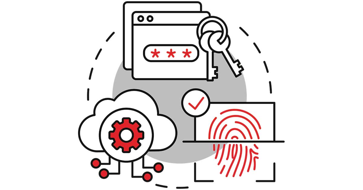 Illustration of identity management with cloud automation, secure password access, encryption keys, and user authentication