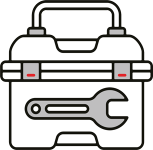 Icon of a toolbox with wrench and screwdriver representing on-site engineering and technical lab services for managed IT services