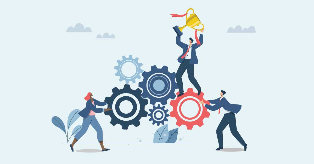 Business team collaboration driving interconnected gears symbolizing IT strategy and execution for success