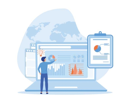 Flat vector illustration showing a business intelligence concept with charts, dashboards, and data analytics elements, representing data-driven strategy for mid-sized companies.