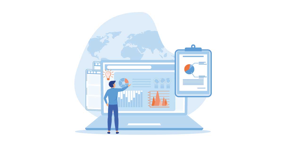 Flat vector illustration showing a business intelligence concept with charts, dashboards, and data analytics elements, representing data-driven strategy for mid-sized companies.