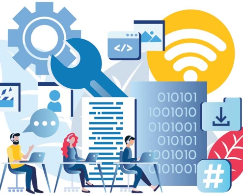 Illustration of business communication and client support services for managed call queue systems
