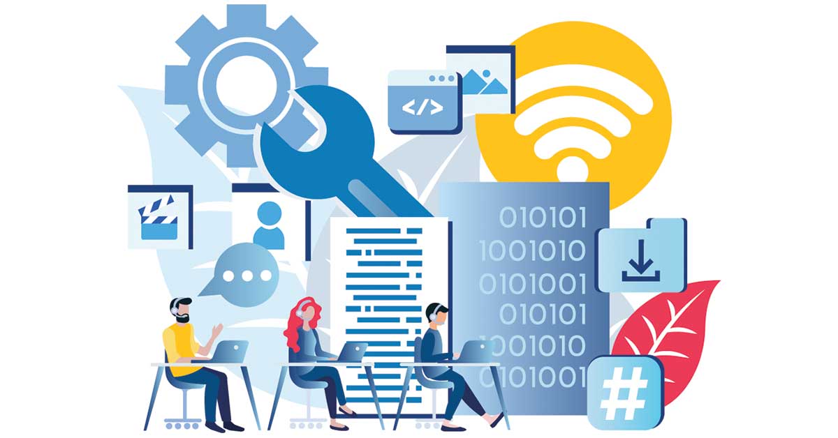 Illustration of business communication and client support services for managed call queue systems