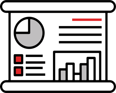 Icon showing bar graph, pie chart, and dashboard screen to represent dynamic dashboards and reporting development