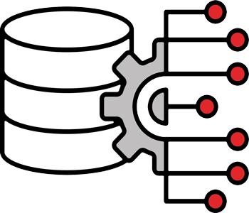 Icon showing stacked database with shield to represent secure, scalable data architecture and warehousing