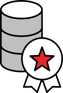 Icon of star ribbon over database symbolizing trusted data governance and quality control