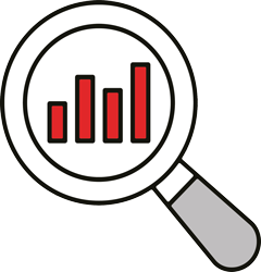 Icon showing magnifying glass over bar graph to represent actionable business intelligence insights