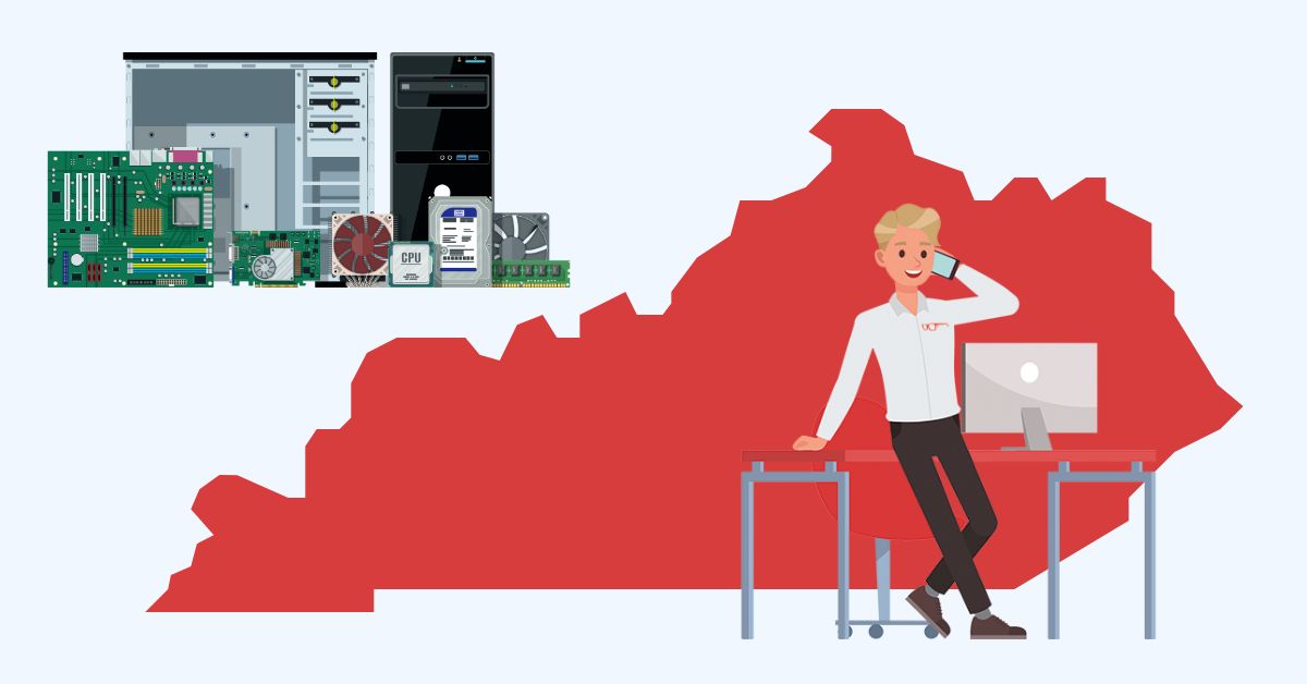 Louisville Geek employee over Kentucky state outline with IT hardware collage, representing local managed IT support