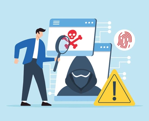 Flat illustration of a man using a magnifying glass to investigate cyber threats and digital attacks.