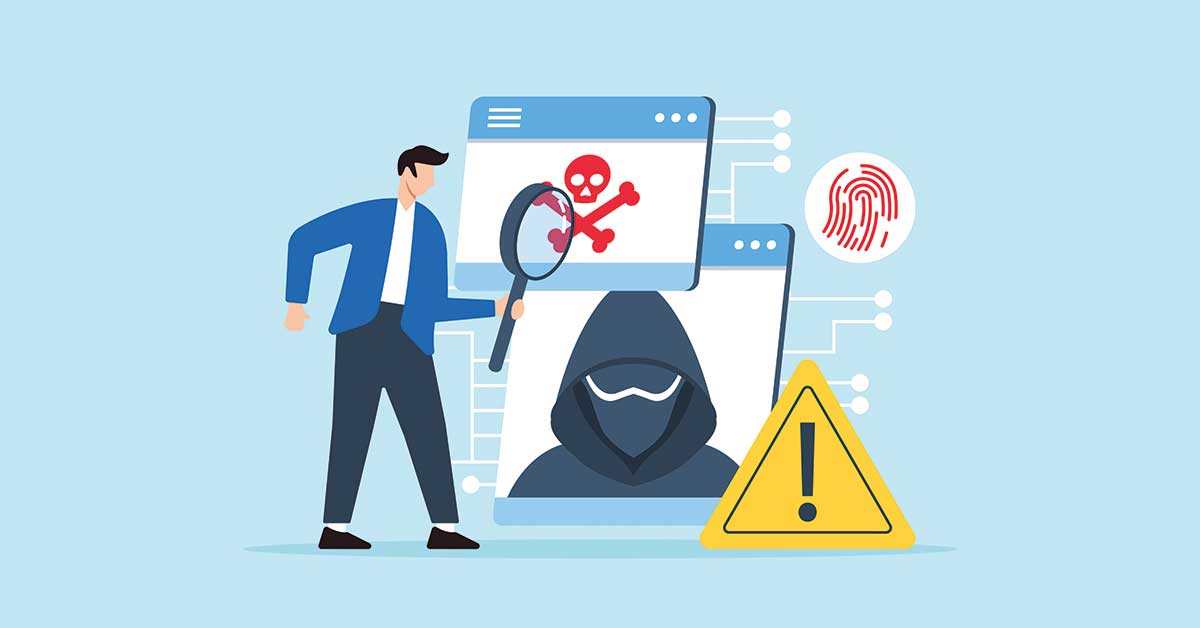 Flat illustration of a man using a magnifying glass to investigate cyber threats and digital attacks.