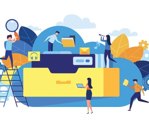 Flat illustration of cloud collaboration and data sharing, representing Microsoft 365 tools for nonprofits