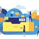 Flat illustration of cloud collaboration and data sharing, representing Microsoft 365 tools for nonprofits