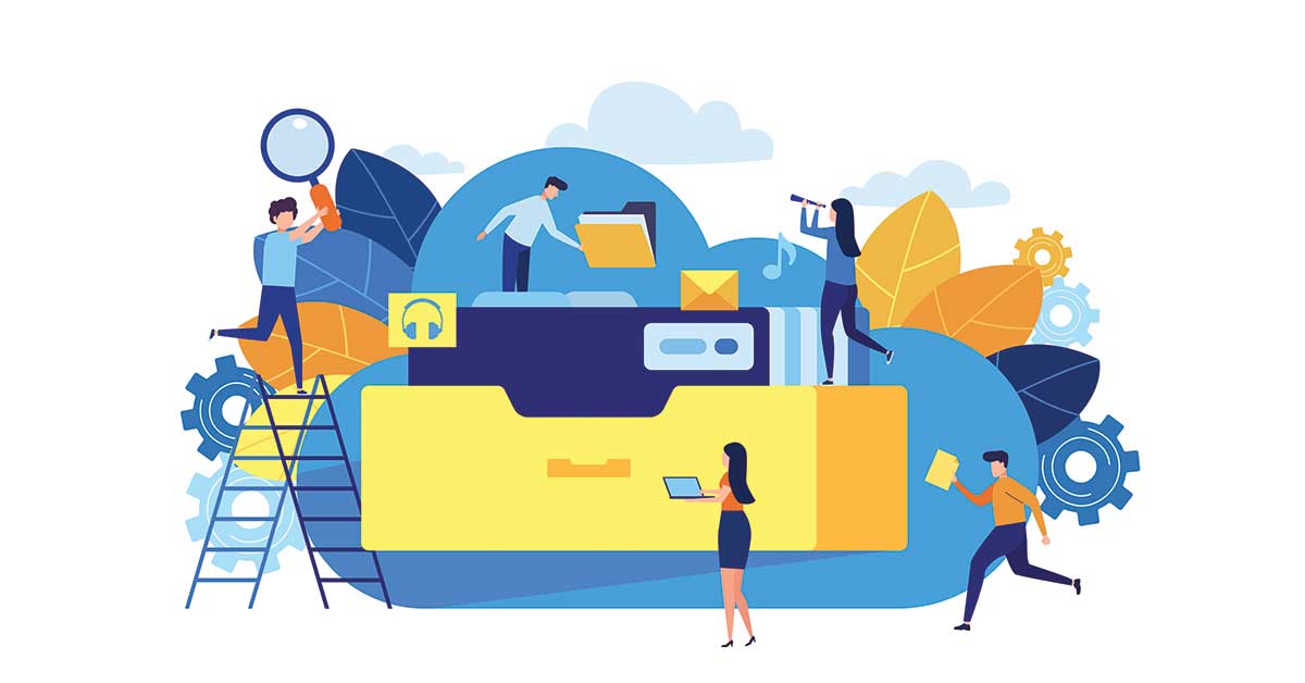 Flat illustration of cloud collaboration and data sharing, representing Microsoft 365 tools for nonprofits