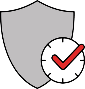 Shield with clock and checkmark icon representing continuous system monitoring and real-time threat detection