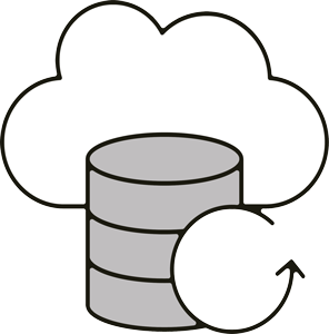 Icon representing cloud backup services with a cloud, upward arrow, and secure data symbol