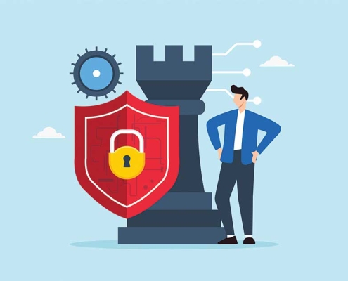 Illustration of IT consultant overseeing cybersecurity strategy represented by a castle chess piece