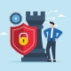 Illustration of IT consultant overseeing cybersecurity strategy represented by a castle chess piece