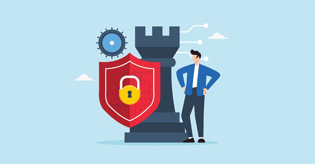 Illustration of IT consultant overseeing cybersecurity strategy represented by a castle chess piece
