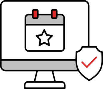 Computer with calendar and shield icon representing Security Information and Event Management for real-time threat detection and system visibility