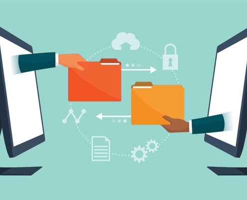 Business team working remotely using secure file sharing tools to exchange data online