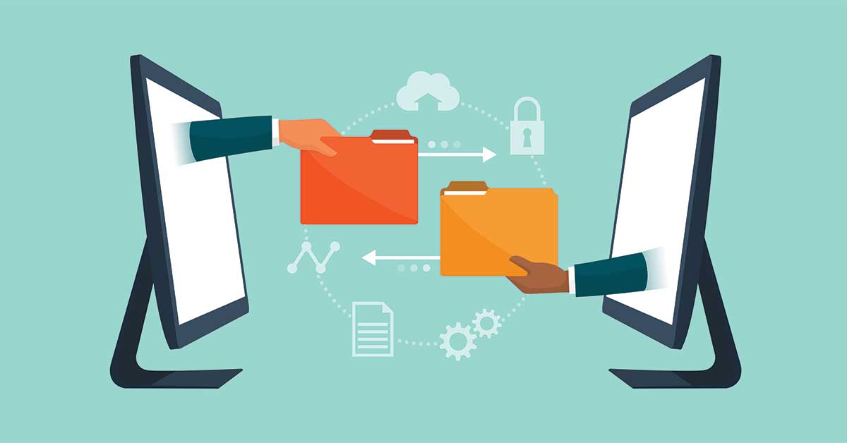 Business team working remotely using secure file sharing tools to exchange data online