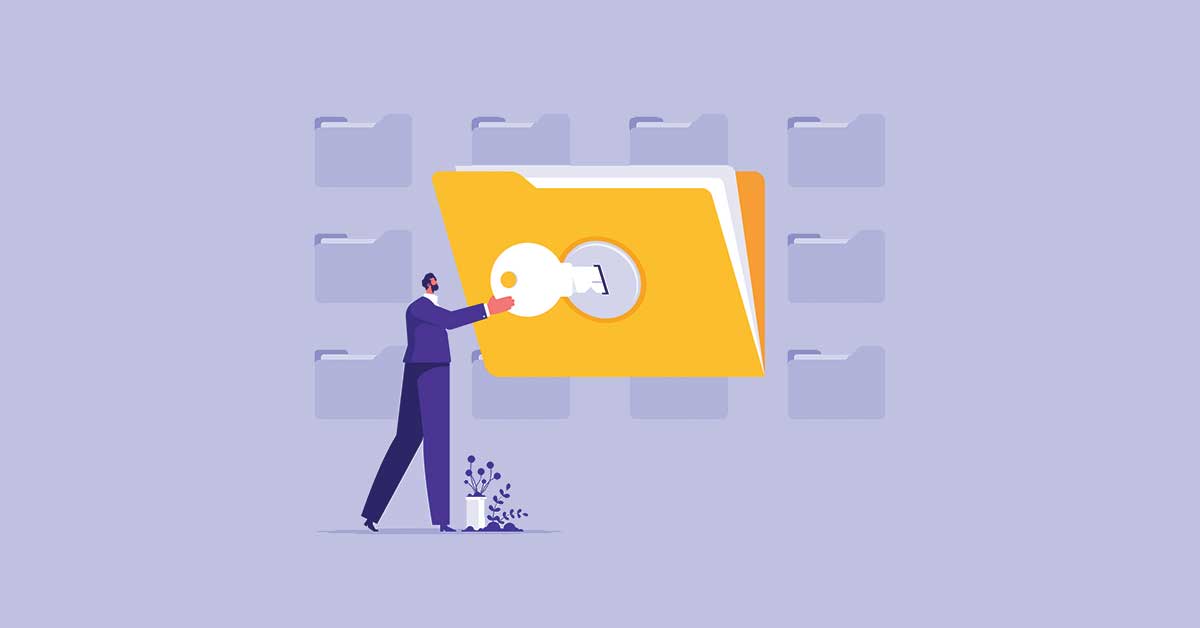 Businessman securing access to digital documents representing data retention and cybersecurity