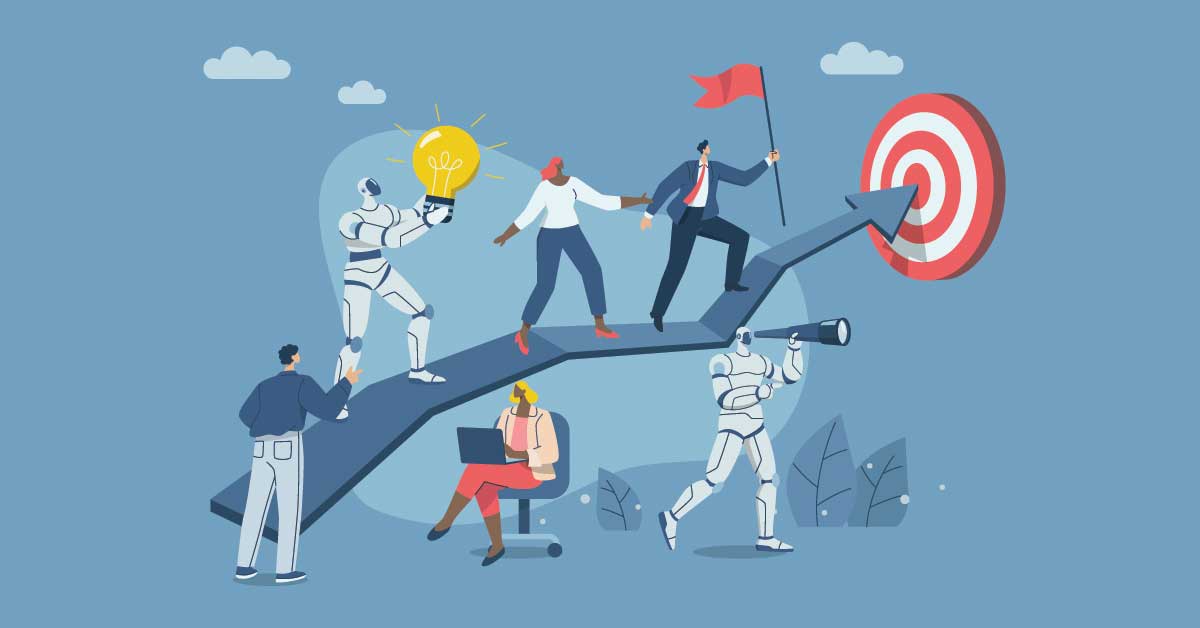 Business team collaborating using Microsoft Copilot and AI-powered tools