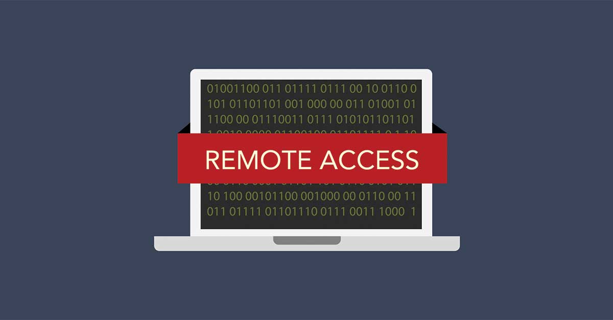 Illustration of a remote access ribbon over a laptop representing endpoint security and application control