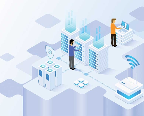 Illustration of a data center network representing IT infrastructure and virtualization changes