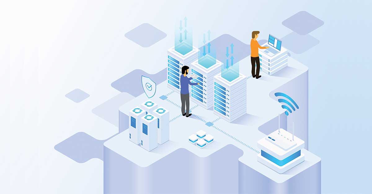 Illustration of a data center network representing IT infrastructure and virtualization changes