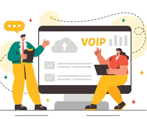 Illustration of VoIP telephony system showing internet-based phone communication and network integration