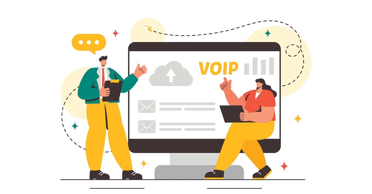 Illustration of VoIP telephony system showing internet-based phone communication and network integration