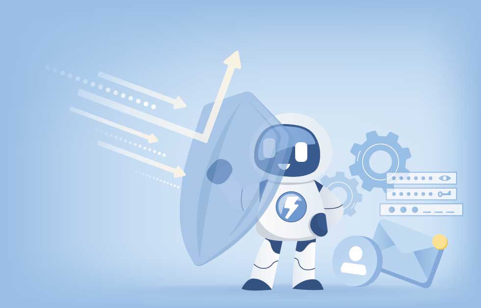 AI robot holding a shield to protect sensitive business data and ensure secure, compliant AI use while driving innovation