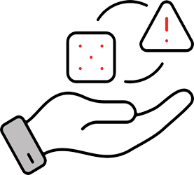 Icon of a hand holding dice with a shield and exclamation point representing minimized operational and security risk