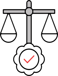 Scales of justice with badge and checkmark representing reduced legal and financial risk