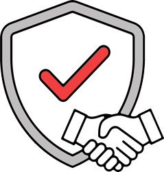 Shield with checkmark and handshake representing competitive advantage and client trust