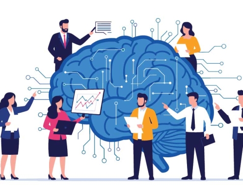 Illustration showing artificial intelligence and machine learning powering modern business collaboration and automation.