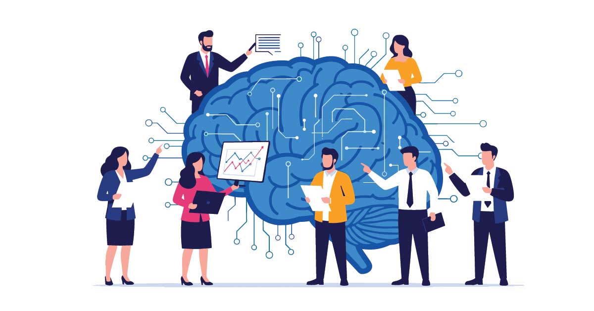 Illustration showing artificial intelligence and machine learning powering modern business collaboration and automation.