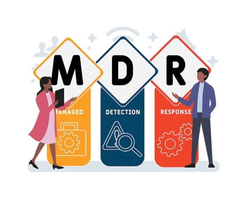 MDR (Managed Detection and Response) acronym illustrated with business concept keywords and icons, vector lettering for web banner, flyer, or landing page