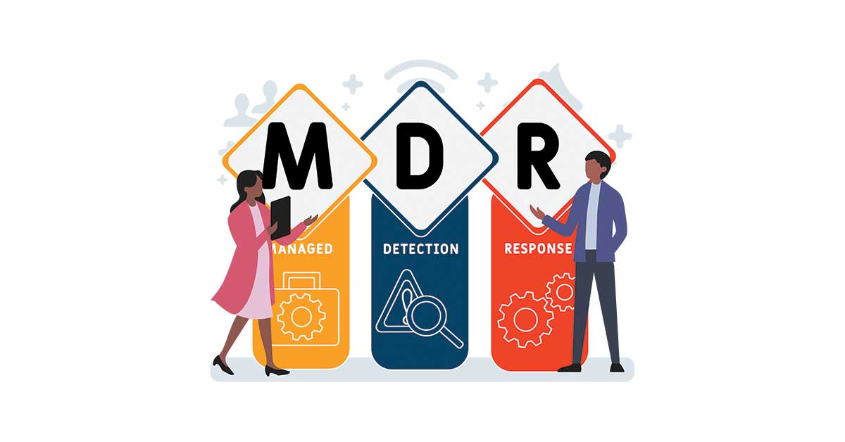 MDR (Managed Detection and Response) acronym illustrated with business concept keywords and icons, vector lettering for web banner, flyer, or landing page