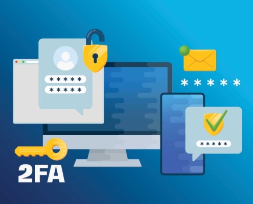Two-factor authentication security illustration showing login confirmation with password code, smartphone, and shield icons on a blue background.