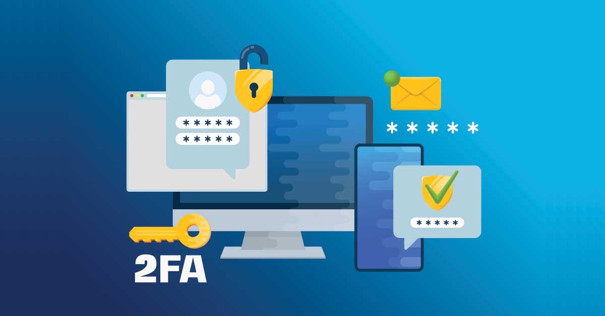 Two-factor authentication security illustration showing login confirmation with password code, smartphone, and shield icons on a blue background.