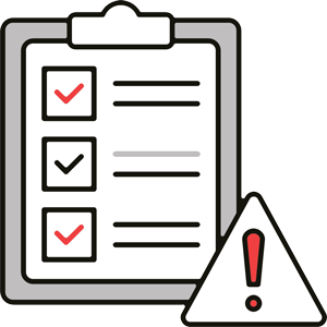 Icon showing a checklist with an alert triangle symbolizing compliance risks and security gaps that need attention