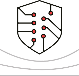 Icon representing cyber resilience with a shield and connected network nodes symbolizing strength and adaptability against evolving threats