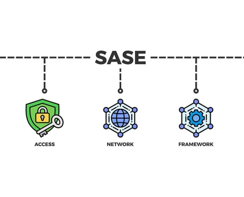 Secure Access Service Edge (SASE) concept with cloud security and remote workforce illustration