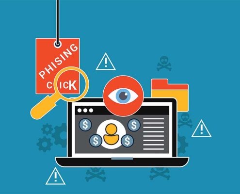 Business professional reviewing email spoofing alert on laptop screen with security shield icon overlay