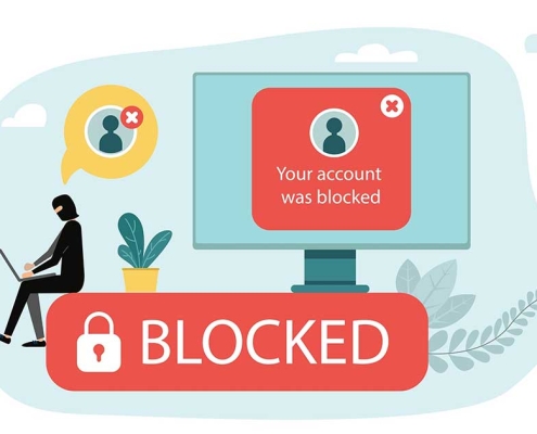 Illustration of a blocked cyberattack showing a threat actor denied access to a business account as part of a cybersecurity incident near miss.