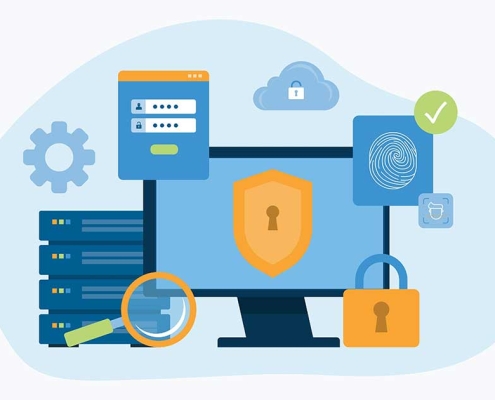 Business leader reviewing multiple layers of cybersecurity protection to reduce risk and protect company data.