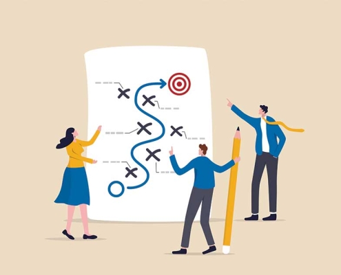 Business team collaborating on a strategic IT roadmap, analyzing goals, risks, budgets, and technology planning to support long-term business growth.